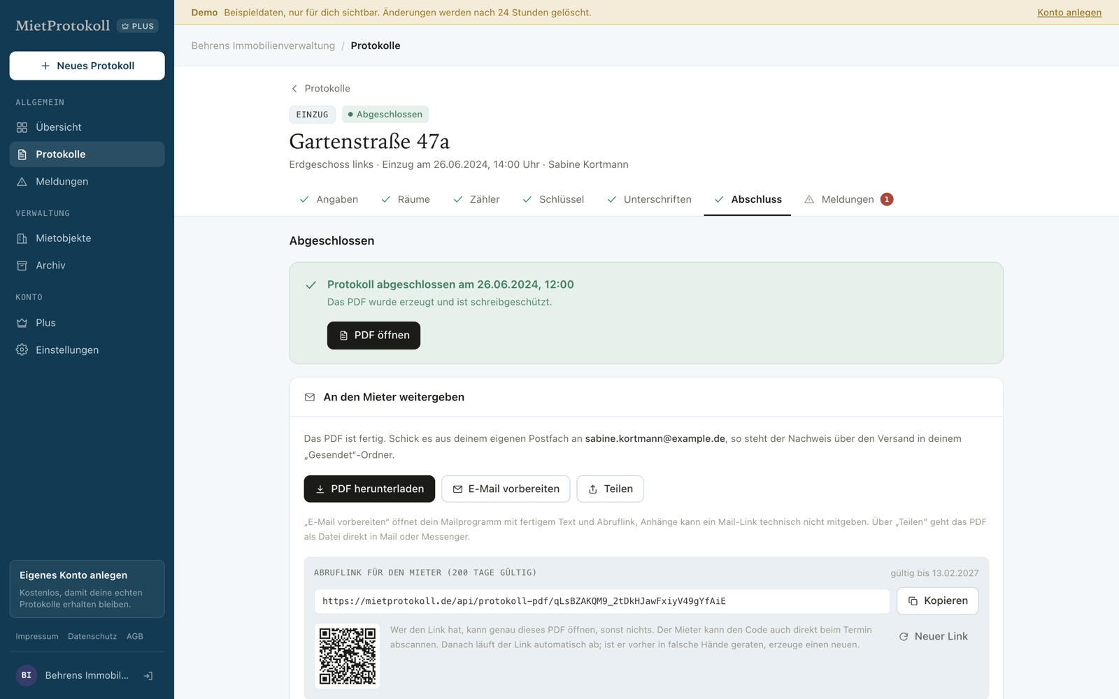 Abschluss-Schritt: das Protokoll ist abgeschlossen, darunter die Karte zur Weitergabe an den Mieter mit Download, Mailentwurf, Teilen und Abruflink.