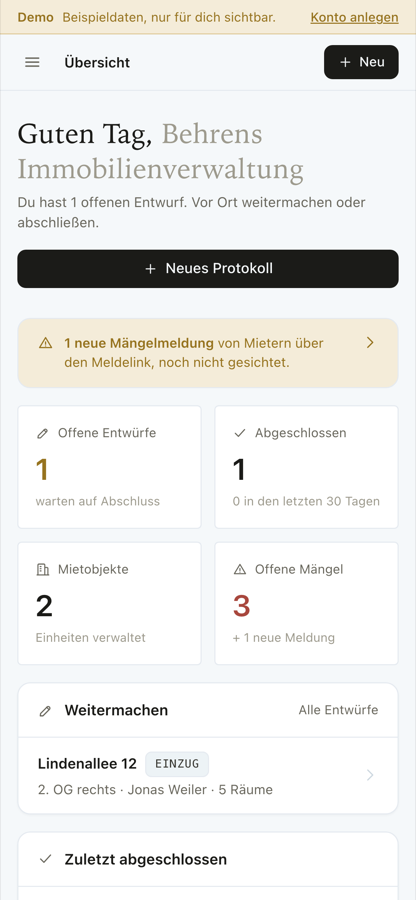 Übersicht in MietProtokoll auf dem Handy: offene Entwürfe, abgeschlossene Protokolle und offene Mängel.